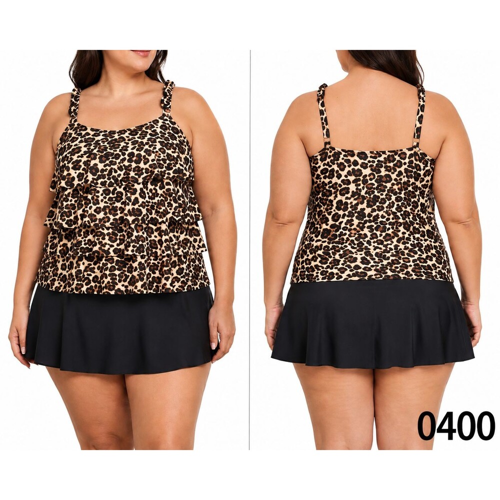 Dreamsuit 20W Tankini Swimsuit - Leopard Ruffle Top & Black Swim Skirt - 0400